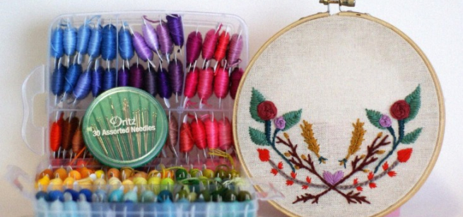 embroidery thread and embroidery ring with floral design