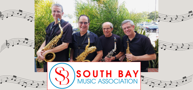 Picture of the Segundo Saxes with the South Bay Music Association banner 