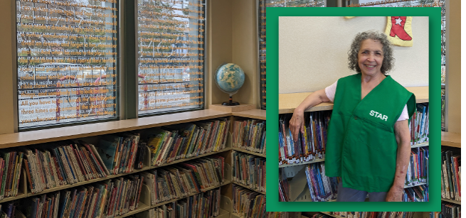 Photo of the picture book shelves at the Palms-Rancho Park Branch with an inset portrait photo of Sandra