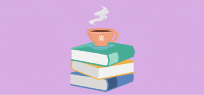 Cartoon books with a carton cup of tea on top on a purple background. 