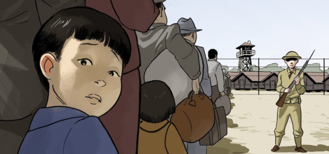 a little girl looking over her shoulder and a soldier holding a gun rifle in front of her in the distance