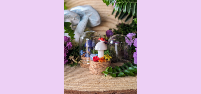 tiny crystal mushroom surrounded by flowers and glass terrariums