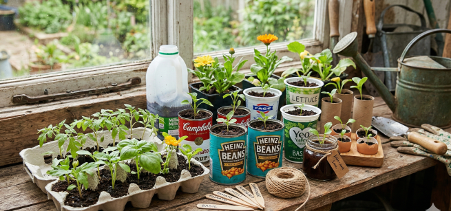 Image of seedlings growing in egg cartons, eggs, cans on a table