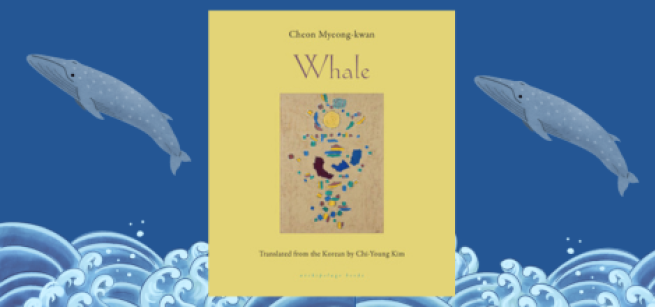 Yellow book cover of "Whale" flanked by two blue whales on a blue background with wave design at bottom