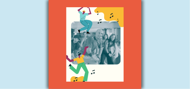 This is a photo of a group of dancers surrounded by an illustration of two dancers with designs and music notes.