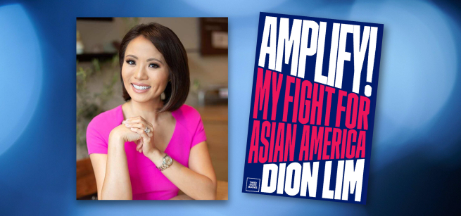 Author Dion Lim adjacent to the cover of her new book