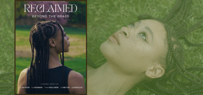 Black woman with braids looking to the right with green grass in the background.