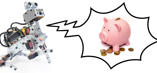 A robotic dog speaks with a word bubble about a piggy bank.