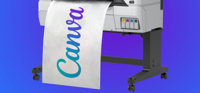 A poster printer printing the logo Canva on a blue background