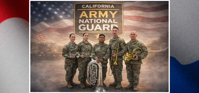 Brass quintet of the Army National Guard is standing in front of an America Flag