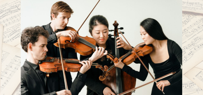 4 members of the Webern quartet hold their instruments in front of a background of sheet music.