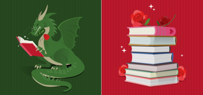 A dragon reads a book, and a rose on top of a stack of books.
