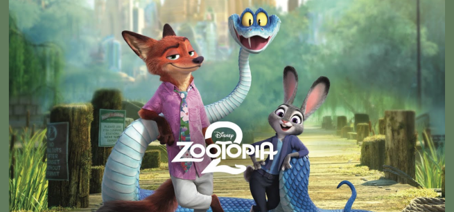 Image if characters from Zootopia 2 movie, orange fox, gray bunny, and blue one fanged snake