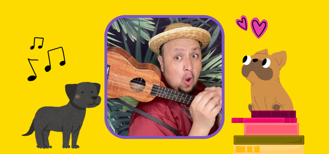 Man with a guitar in between two cartoon dogs.