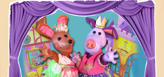 a kangaroo puppet and a cinderella puppet are in front of a colorful purple background
