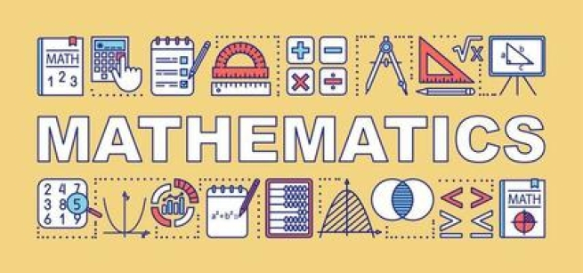 A yellow Mathematics banner bordered by math-related icons. 