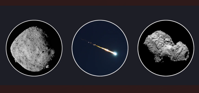 two irregular rocky objects and one object with a bright ball at the front followed by a long lighted tail