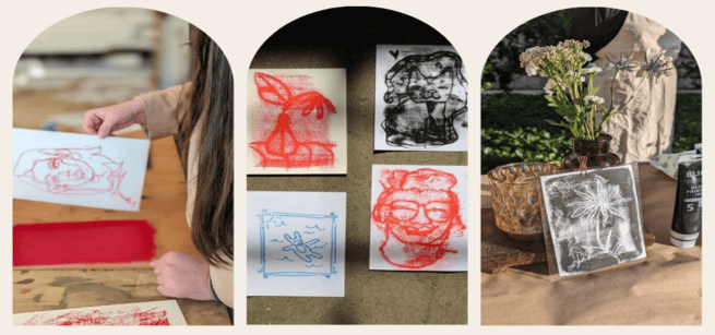 Three images of different types of monoprinted artwork.