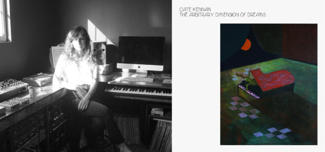 Keyboardist and synthesis Cate Kennan is pictured in front of her home studio. Next to her is the cover of her album, a painting of a piano with a being emerging under a moon. 