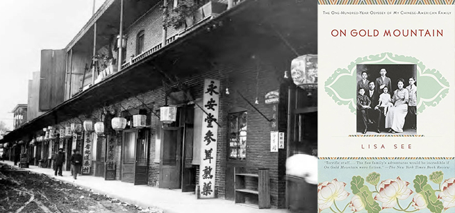 Row of shops in Los Angeles' Chinatown alongside the cover of On Gold Mountain