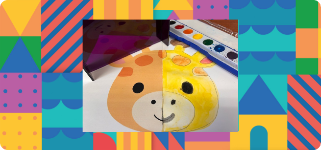 A colorful geometrical background borders an image of a bright yellow and orange spotted giraffe. Half of the image is a still photo, while the other half was created using a Mira tool and painted with watercolors. 