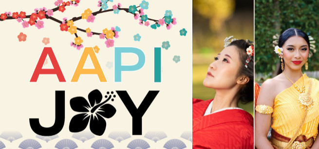 Colorful floral logo beside collage of female performers, and authors