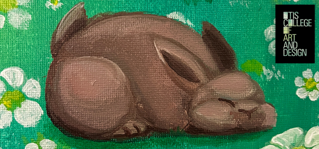 Acrylic painting of a brown bunny sleeping on a green background with white flowers 