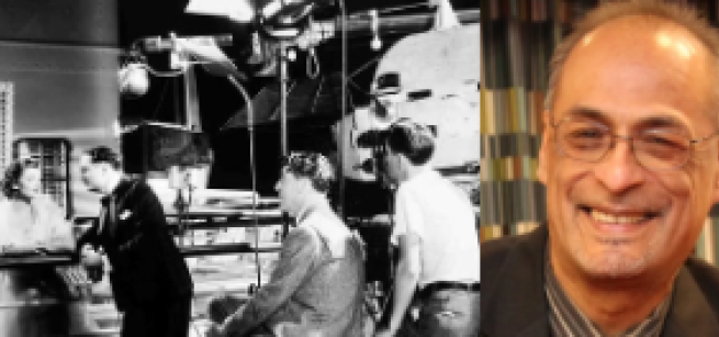 Manny Pacheco next to an old image of a movie being shot with two actors, a director, and a cameraman.