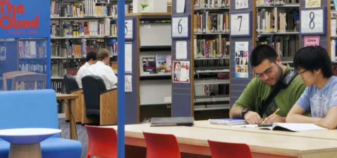 Two teens studying and reading in a designated Student Zone area.