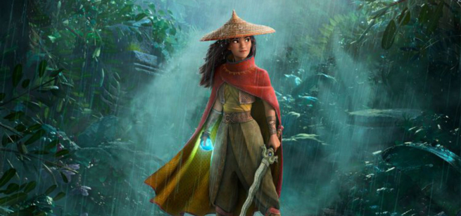 Raya standing in the rain holding a sword