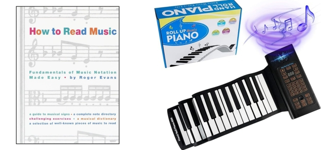 A foldout keyboard is shown next to a book on reading music.