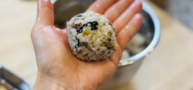 Hand holding a rice ball