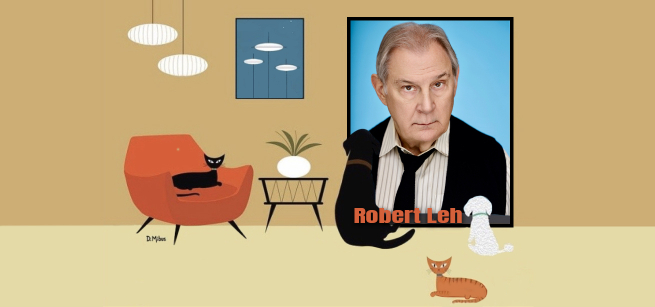 Actor Robert Leh against a midcentury cartoon graphic