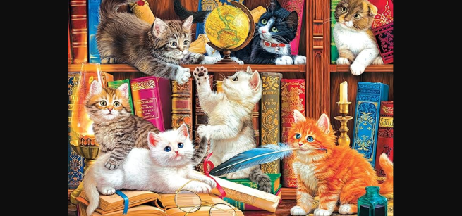 A colorful illustration of several cats lounging and playing on a bookshelf