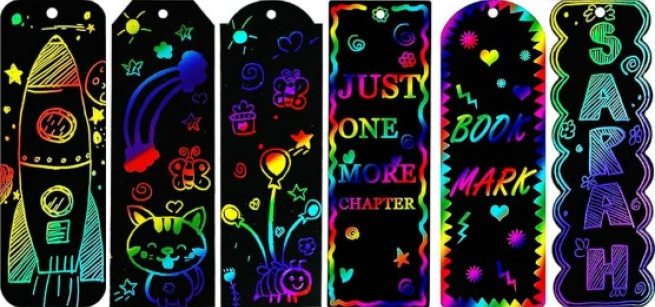 Six colorful rainbow scratch-art bookmarks with different designs and patterns.