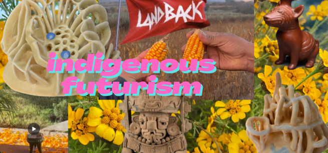 a field with hands holding corn, and clay sculptures