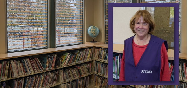 Photo of the picture book shelves at the Palms-Rancho Park Branch with an inset portrait photo of Nancy