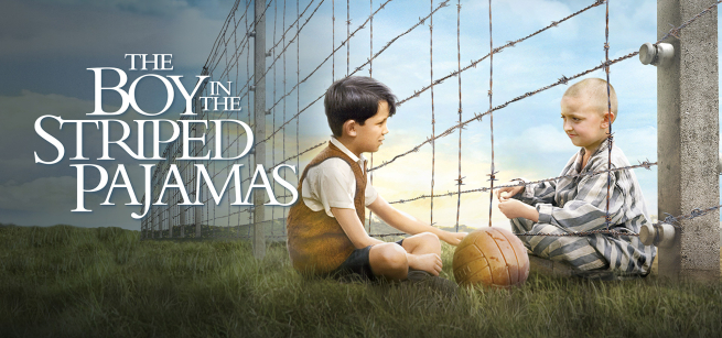 Movie poster The Boy In the Striped Pajamas. Two boys sitting opposite from one another on the grass with a barbed wire fence between them. The boy in striped pajamas is in a Nazi camp. 