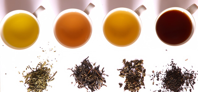 Photos of four brewed teas next to the original tea leaves. 