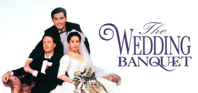 Title card for The Wedding Banquet, a man in a tuxedo stands behind a woman in a bridal gown and another man in a tuxedo. The two men clasp hands.