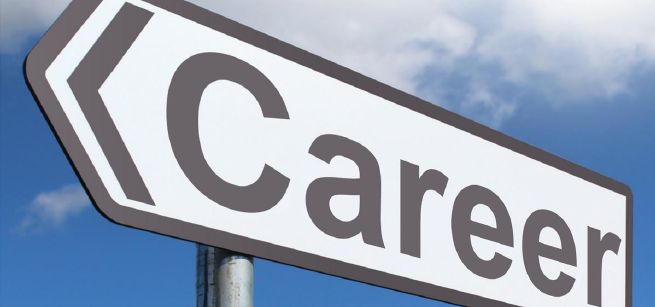 Street sign that says "Career" against a background of a blue sky with clouds.