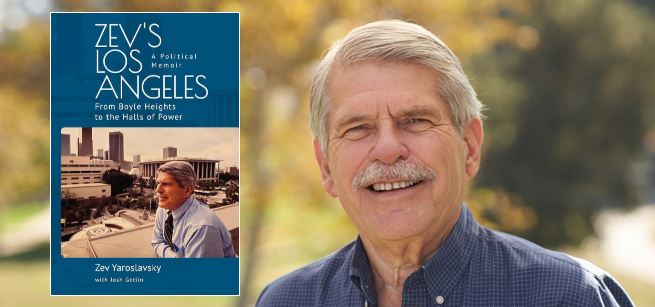 Portrait of Zev Yaroslavsky alongside the cover of his book
