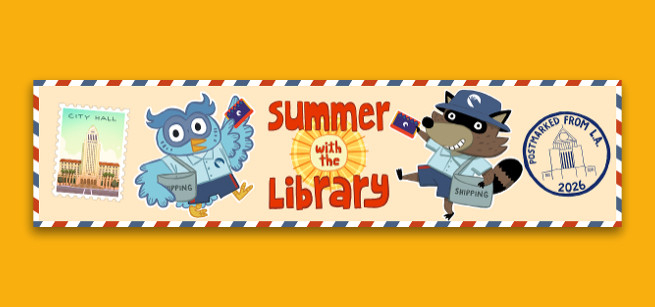 summer with the library logo with postal worker owl and raccoon