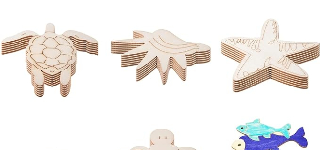 Blank wooden cutouts of ocean animals. 