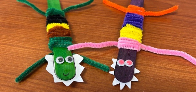 Image is of two popsicles sticks covered by chenille stems that were used to create the body and legs of the alligators. 