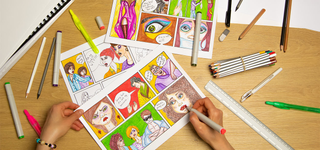 Close-up of hand drawing a several colorful graphic/comic storyboard sketches