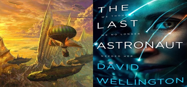 Futuristic view of flying objects and the book cover of The Last Astronaught