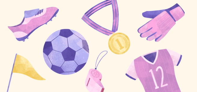 Illustrations of a soccer ball, whistle, jersey, and other sports equipment.