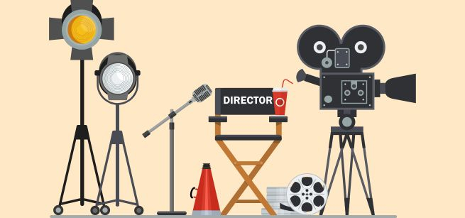 An illustration of a film set with lights, a camera, mic, and a director's chair.