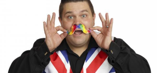 Billy Bonkers with a silly rainbow mustache